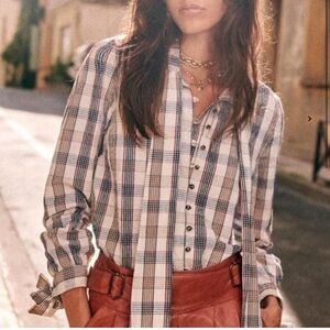 Sézane Victorine tie neck blouse in plaid